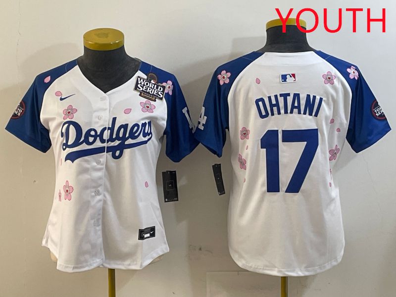 Youth Los Angeles Dodgers #17 Ohtani White Blue Sakura Edition 2025 Nike MLB Jersey style 3